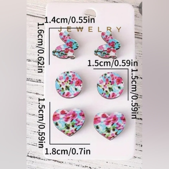 Retro Colorful Earrings Rabbit, Round and Heart set of three - Picture 3 of 3